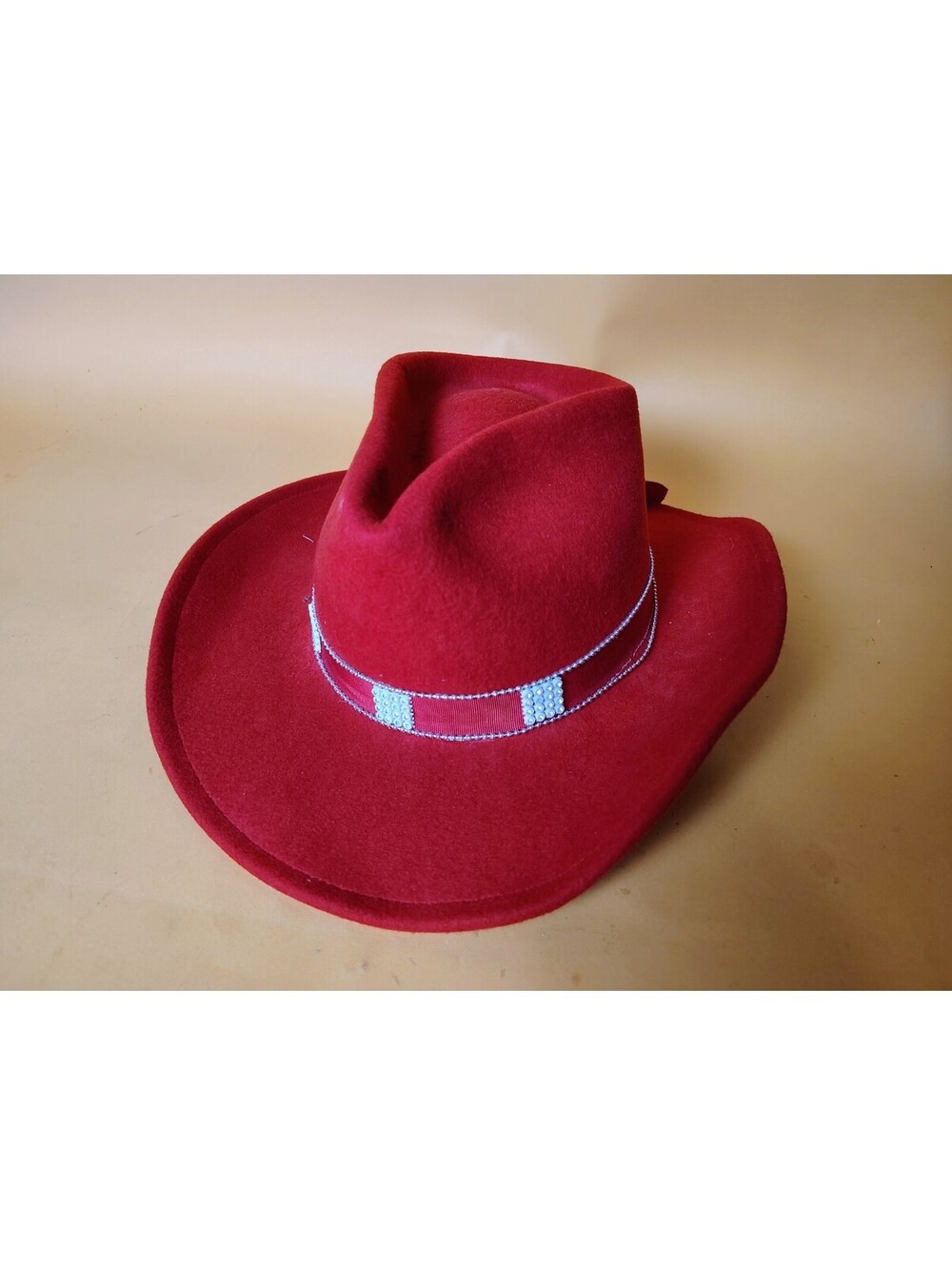 Vtg 80s Sonni San Francisco Red Wool Felt Cowboy Hat Western Beaded Band USA